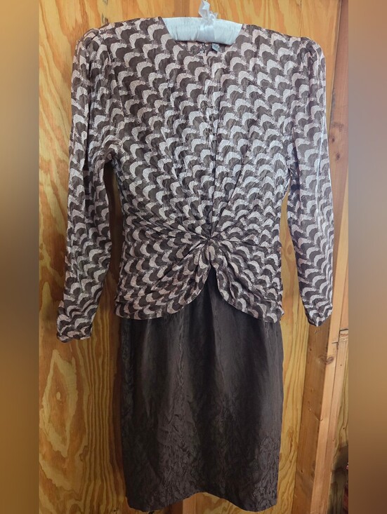 Source Unknown Dresses & Skirts - VTG 80s 90s 100% Silk Twist Front Midi Dress Scallop Brocade Brown Size 4